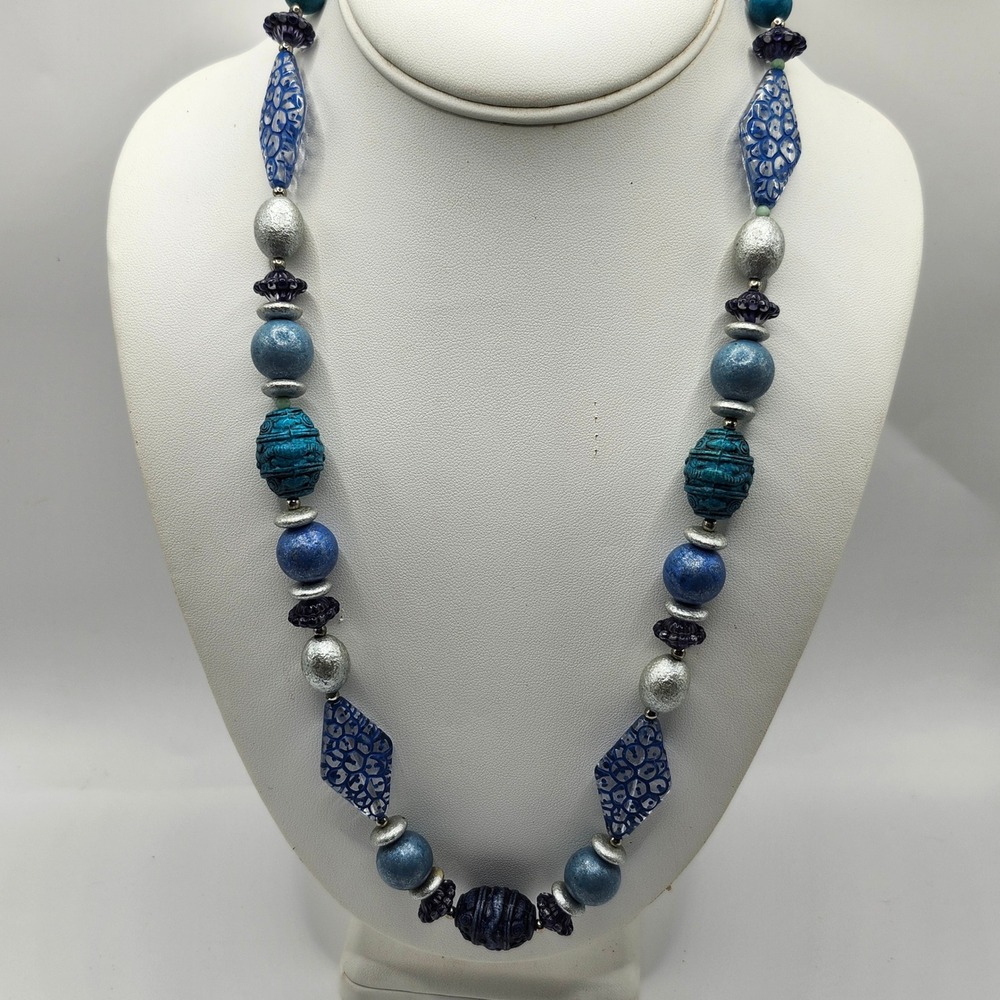 Blue Beaded Statement Necklace Mixed‎ Resin Silver Tone Boho Artisan Style